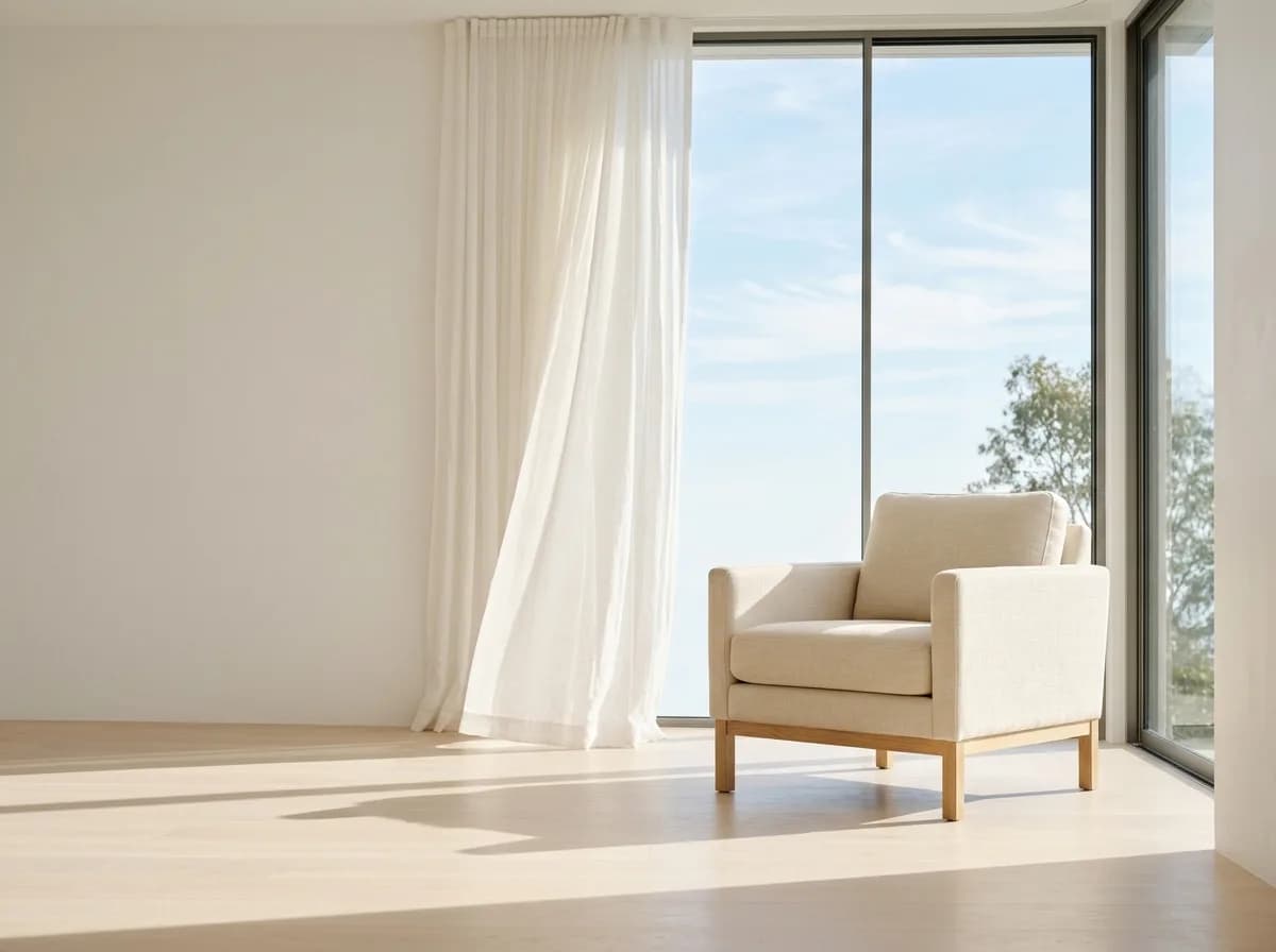 Silla moderna junto a una ventana con luz natural, representando un espacio de escucha