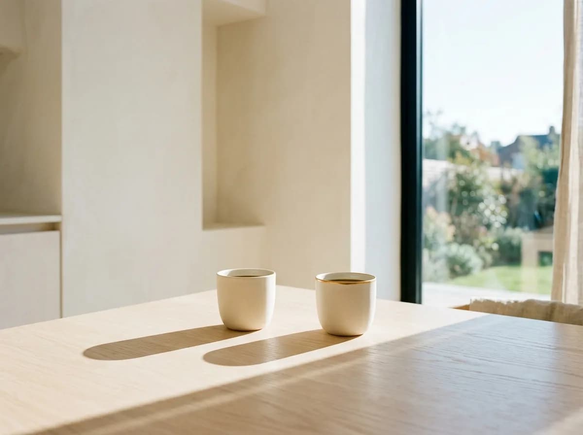 Dos tazas sobre una mesa de madera iluminadas por luz natural, representando una conversación profunda