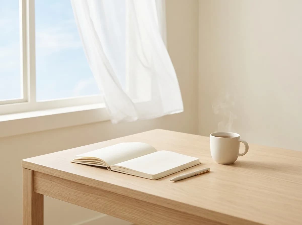 Escritorio de madera con libreta abierta y taza de té junto a ventana con luz natural