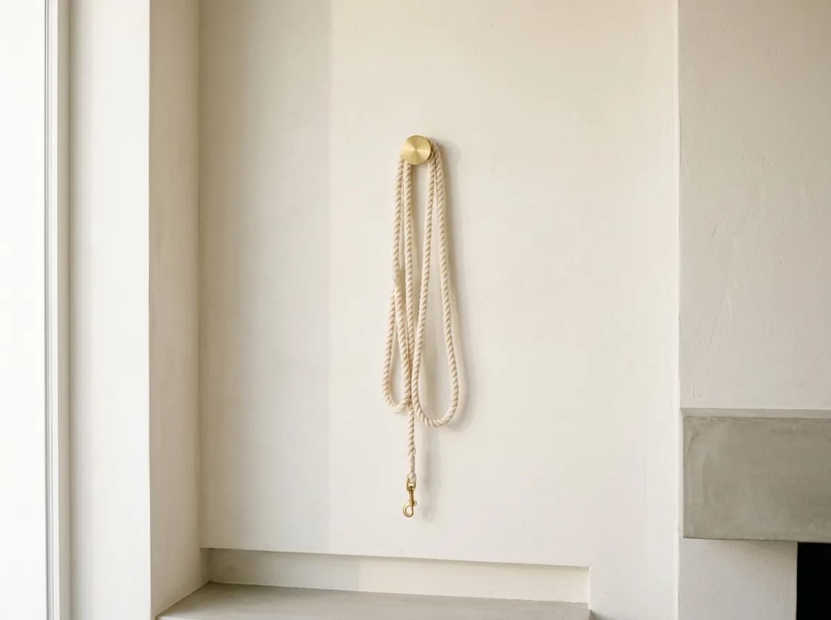 Correa de algodón colgando de un gancho dorado en una pared blanca luminosa